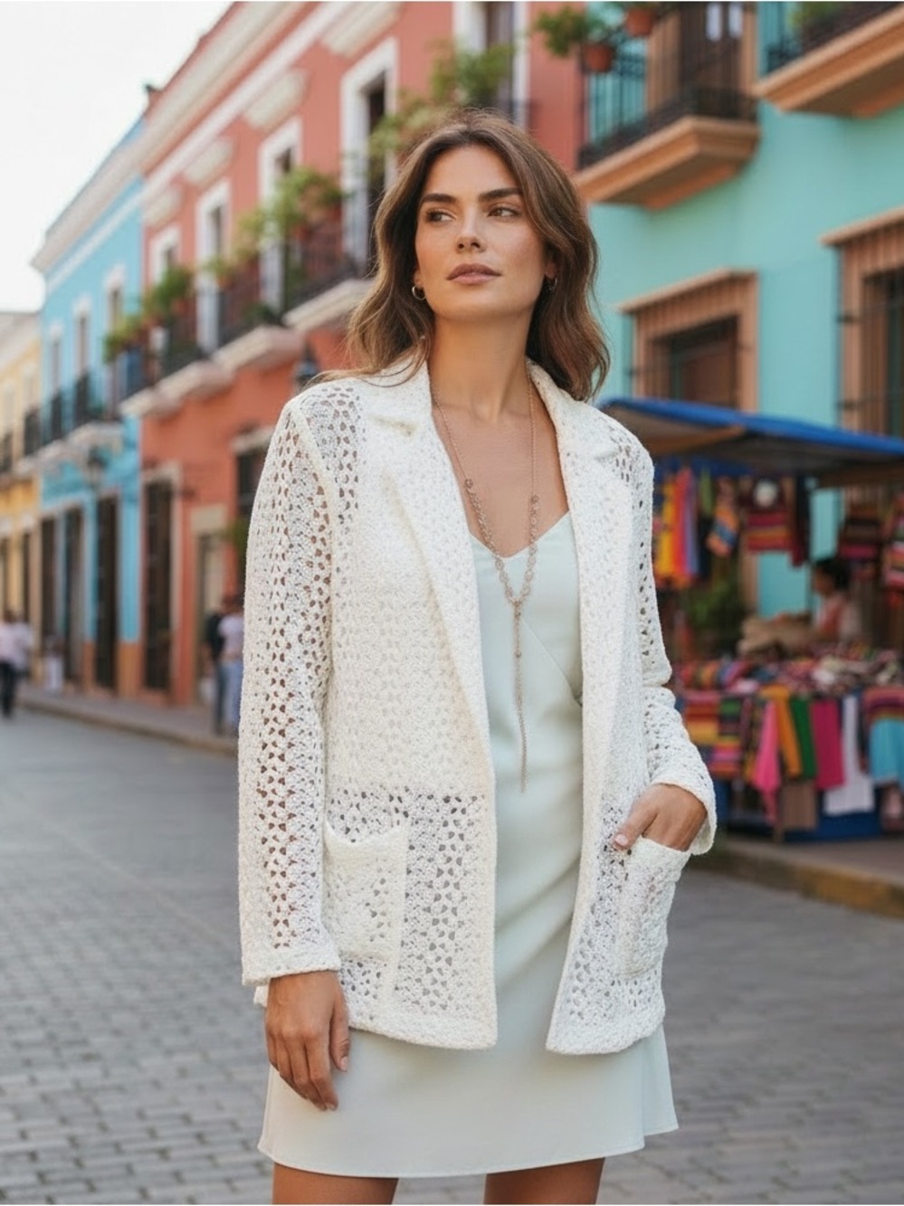 Alberto Makali Cream Lace Crochet Blazer Boho Jacket Casual Dressy Sz L